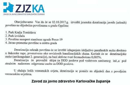 Zavod za javno zdravstvo Karlovačke županije - obavijest o deratizaciji