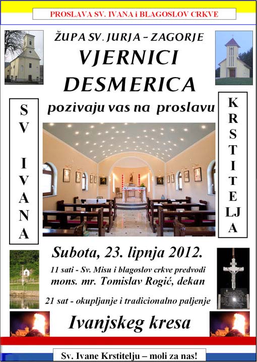 U subotu 23. lipnja blagoslov kapelice Sv. Ivana Krstitelja u Desmericama