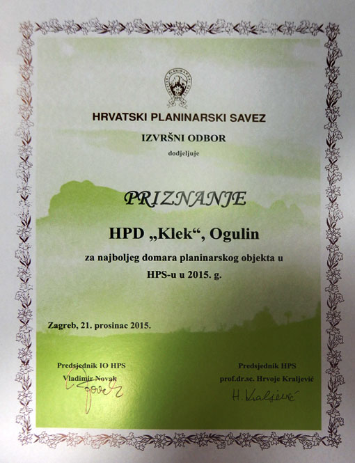 HPD Klek Ogulin najbolji domaćin – domar u 2015. godini